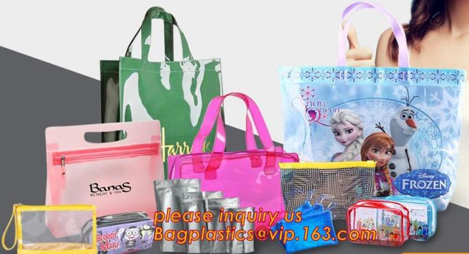 Zipper Clear Stadium PVC Shopping Tote Bag With Side Pocket, promotional shiny vinyl pvc shopping tote bag, 600D PVC Pol