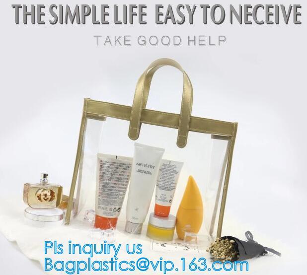 Zipper Clear Stadium PVC Shopping Tote Bag With Side Pocket, promotional shiny vinyl pvc shopping tote bag, 600D PVC Pol