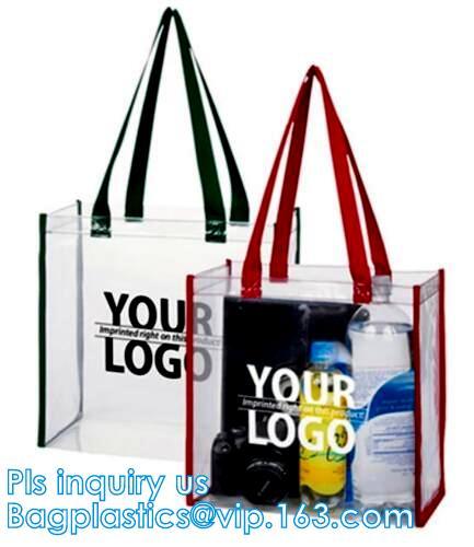 Zipper Clear Stadium PVC Shopping Tote Bag With Side Pocket, promotional shiny vinyl pvc shopping tote bag, 600D PVC Pol