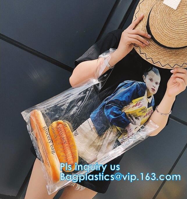 Zipper Clear Stadium PVC Shopping Tote Bag With Side Pocket, promotional shiny vinyl pvc shopping tote bag, 600D PVC Pol