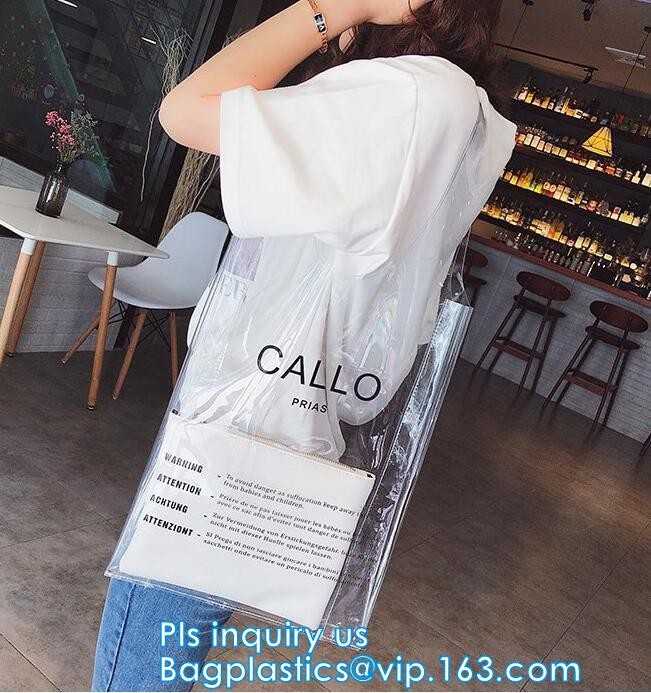 Zipper Clear Stadium PVC Shopping Tote Bag With Side Pocket, promotional shiny vinyl pvc shopping tote bag, 600D PVC Pol