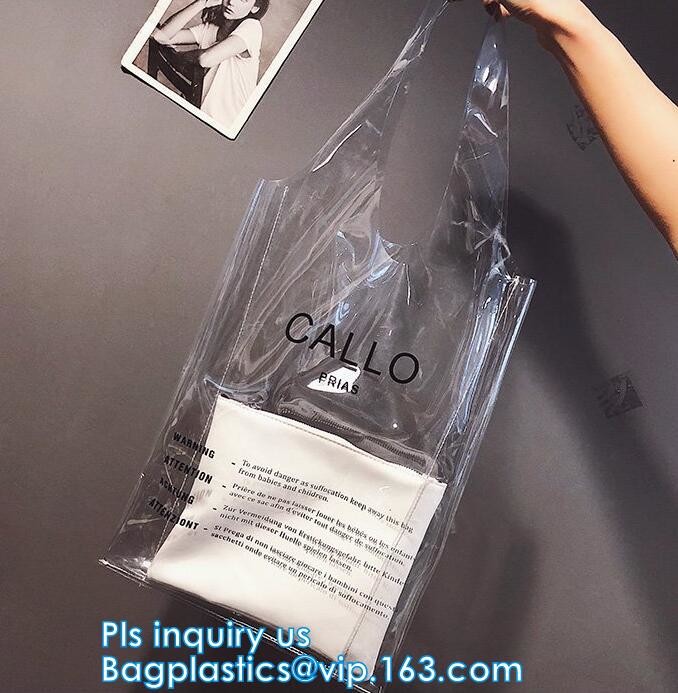 Zipper Clear Stadium PVC Shopping Tote Bag With Side Pocket, promotional shiny vinyl pvc shopping tote bag, 600D PVC Pol