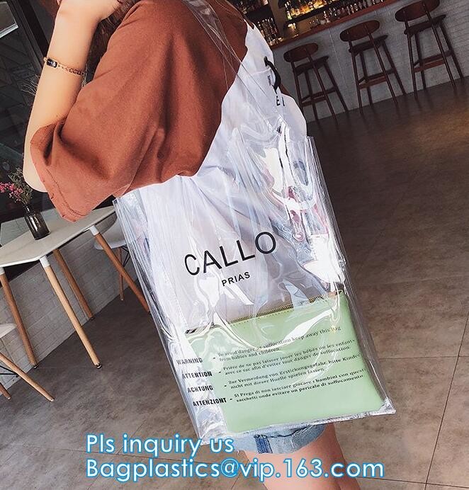 Zipper Clear Stadium PVC Shopping Tote Bag With Side Pocket, promotional shiny vinyl pvc shopping tote bag, 600D PVC Pol