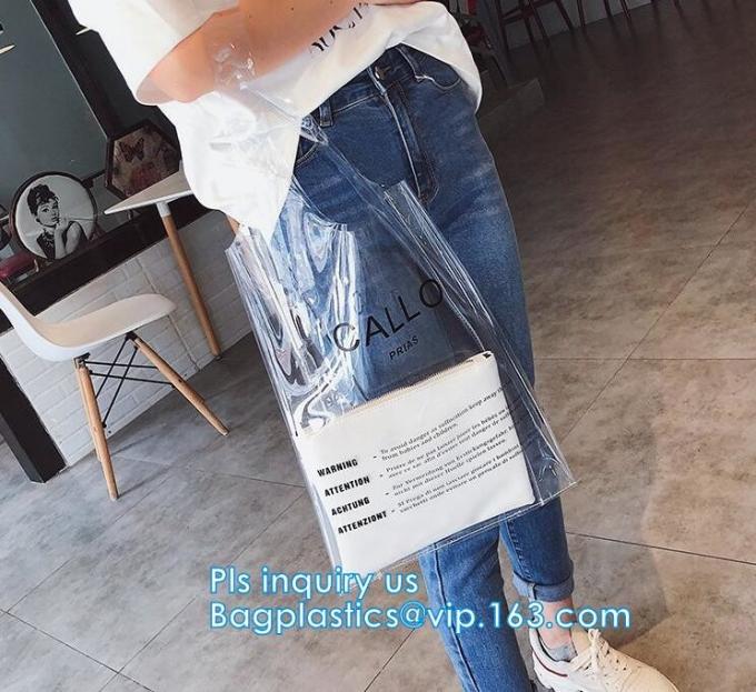 Zipper Clear Stadium PVC Shopping Tote Bag With Side Pocket, promotional shiny vinyl pvc shopping tote bag, 600D PVC Pol