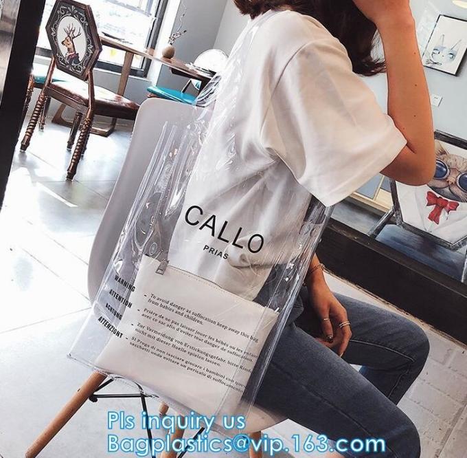 Zipper Clear Stadium PVC Shopping Tote Bag With Side Pocket, promotional shiny vinyl pvc shopping tote bag, 600D PVC Pol