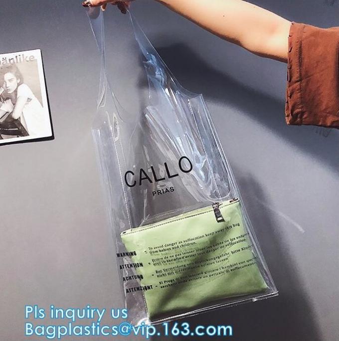Zipper Clear Stadium PVC Shopping Tote Bag With Side Pocket, promotional shiny vinyl pvc shopping tote bag, 600D PVC Pol