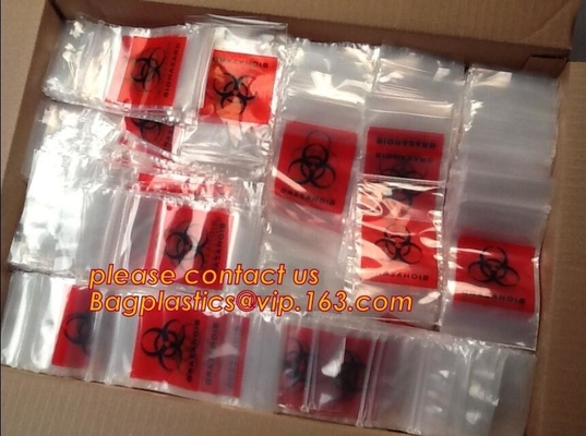 PE Biohazard Bag with zip,plastic biohazard zipper lock bag, Kangaroo Zipper Bag with Pocket made in China, testing bags