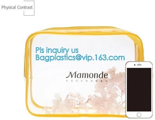 Trendy transparent PVC makeup bag with nylon handle, pvc hanging travel cosmetic makeup zipper bag, travel makeup organi