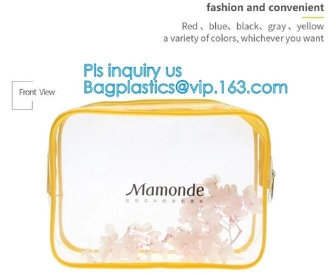 Trendy transparent PVC makeup bag with nylon handle, pvc hanging travel cosmetic makeup zipper bag, travel makeup organi