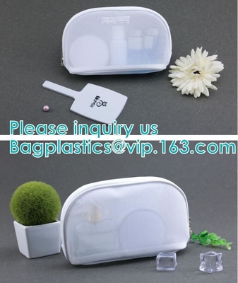 Mesh &amp; PU leather cosmetic bag for promotion beautiful packing,polyester plain mesh makeup cosmetic bag eco friendly pac