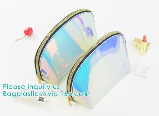 Custom Laser holographic hologram sewing pvc bag pvc cosmetic makeup bag,Women's Metallic Silver Iridescent Holographic