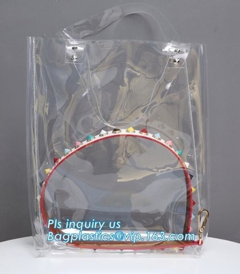 patch handle pe die cut large clear plastic bags with your own logo, pvc tote bag with leather handles tote bag PVC hand