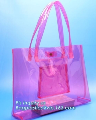 customized handle logo clear pvc bag with zipper china manufacturer, environmental friendly clear pvc plastic handle bag