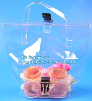 pvc packaging shopping handle bag with button, promotional clear tote pvc handle shopping bag pvc tote bag, die cut hand