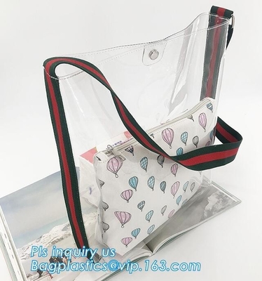 PVC Tote Shoulder Bag Gym Travel Beach shopping bags, Made in China transparent PVC shoulder bag clutch bag, packaging