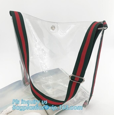 PVC Tote Shoulder Bag Gym Travel Beach shopping bags, Made in China transparent PVC shoulder bag clutch bag, packaging