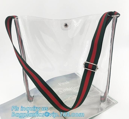 PVC Tote Shoulder Bag Gym Travel Beach shopping bags, Made in China transparent PVC shoulder bag clutch bag, packaging