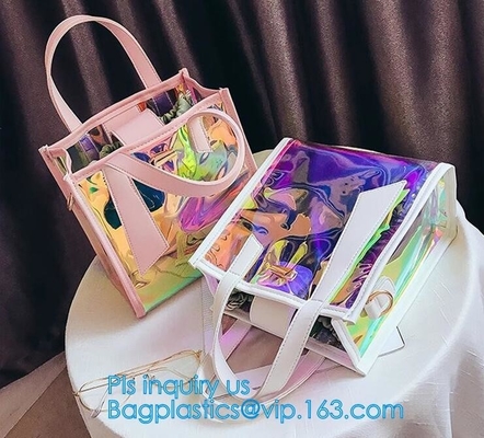 Jelly color laser shoulder bag pvc leather tote bag, Studded Clear Tote/PVC shoulder bag, Fashion Translucent Hologram K
