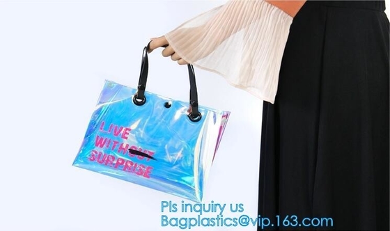 Fashion Women Clear PVC Vinyl Beach Tote Bags Handbag With Handle, handbag tote bag with inner drawstring bag, CARRY BAG