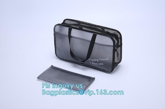 Embroidery Logo black nylon mesh cosmetic bag with zipper, mesh net zipper cosmetic makeup bag with custom logo, Women M