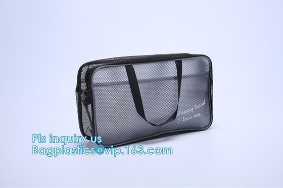 Embroidery Logo black nylon mesh cosmetic bag with zipper, mesh net zipper cosmetic makeup bag with custom logo, Women M