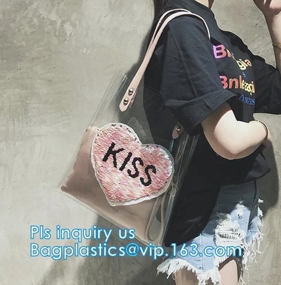 Handle Style PVC Material Shopping Tote Bags, Vinyl PVC Tote Handle Cosmetic Handbag Swimming Bag for Girls, black mesh