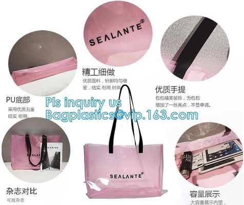 Semi-clear Tote Bags Stripe PVC Shoulder Bag with Pouch, PVC PU Trendy Handbag Shoulder Bag Beach Bag, PVC shoulder bag