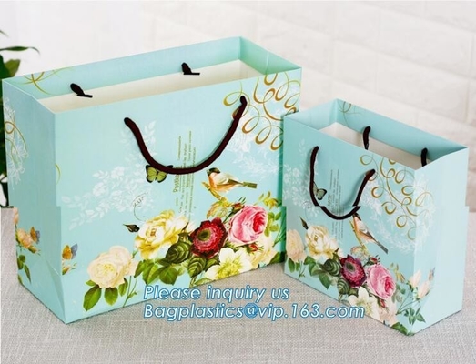 ribbon satin finish paper carrier bags with Luxury Bouquet Flower Display Pink Paper Carrier Gift Bag With Clear Window