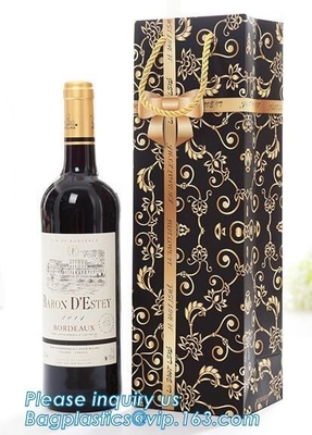 wine paper bag with handles,luxury glossy wine bottle gift paper bags,Gold Wine Gift Paper Bag with Ribbon Handles pack