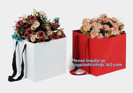 flower carrier bag for gift, paper bag for carry flower,Waterproof white Kraft paper flower bag for packing with ribbon