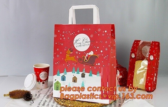 Christmas paper shopping bag, shopper, Customized Reusable Brown baguette bag /kraft paper bread bag with window, handle