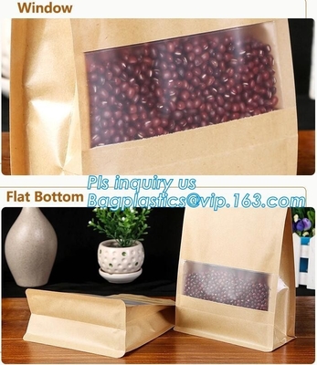 Kraft paper 3 side seal bag,kraft flat bottom bag, waterproof, moisture resistant, window bag, flat bottom bag,zipper se