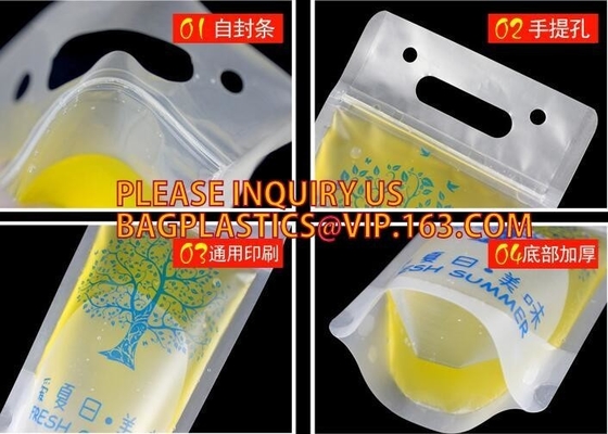 Beverage Pouch with Plastic Straw Hand-held Clear Zipper Stand Up Juice Drink Bag,Logo Print beverage packaging sack bag