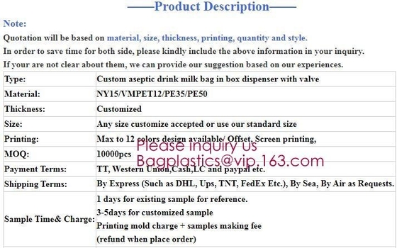 Commercial grade 15l wine bag in box,aseptic milk wine and apple juice bag in box,Filling Aluminum Foil Laminated Clear