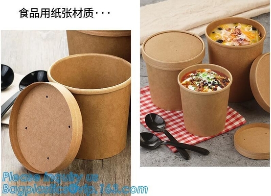 Disposable kraft paper soup cup_Double wall disposable hot coffee kraft paper soup cup_Easy Take away cups lid spoon