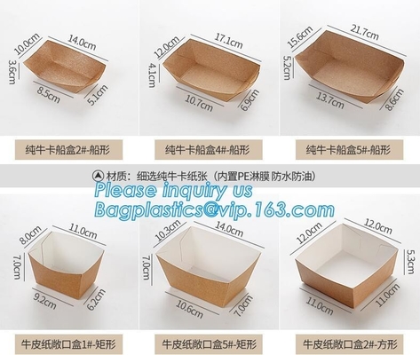 Boat box, fast food boat tray,disposable take out brown kraft paper food lunch box with handle,custom printed disposable