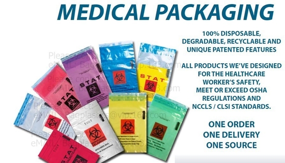 Plastic Biohazard Bags , Biohazard Garbage Bags Medical Packaging Self Seal Adhensive