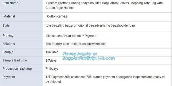 Promotional custom portrait printing lady shoulder bag,cotton canvas shopping tote bag with cotton rope handle bagease p