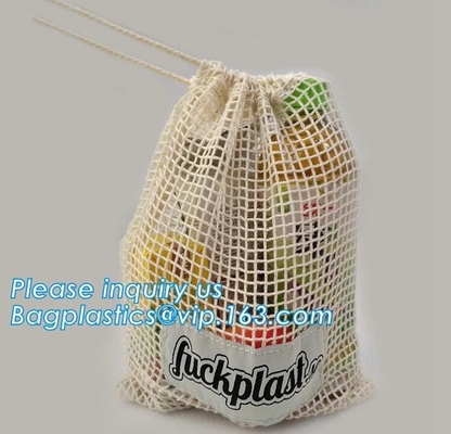 Reusable Long Handle Cotton Net Produce Bag , Cotton Net Shopping Bags For Vegetables