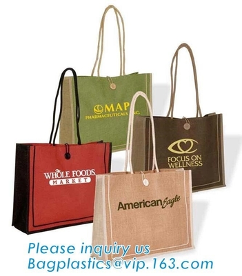 Wholesale jute tote bags with leather handles,Reusable natural color jute tote bag for shopping, Printed jute shopping b