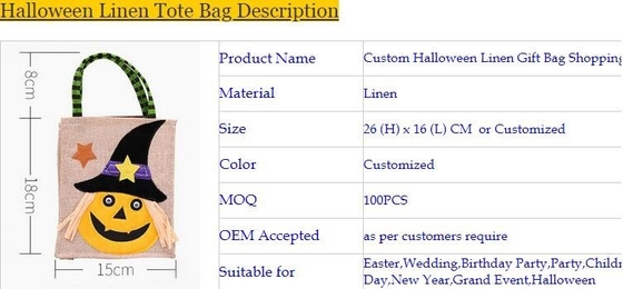 eco-friendly portable halloween linen tote jute bag with logo custom, ester, wedding, burthday, party, grand event happy