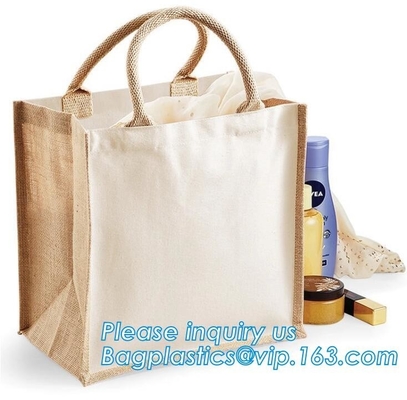 Natural Burlap Tote Shopping Bags Reusable Jute Bags with Full Gusset with Handles Laminated Interior tote shopper pack