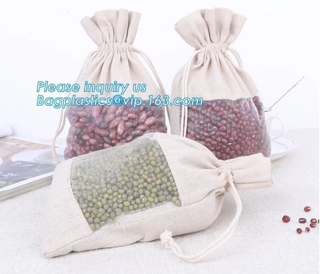 custom packaging mung bean cloth bag cotton hemp drawstring bag with clear plastic mesh window,Jute Drawstring Bag For G