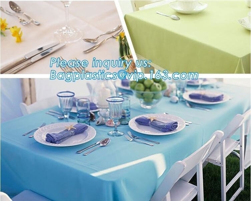 Disposable tnt pp spunbond non woven table cloth, modern luxury restaurant dining used non woven long teal pvc plastic t