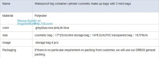 waterproof big container cylinder cosmetic make up bag with 3 mini bags, cosmetic bag, make up bag, bagplastics bagease