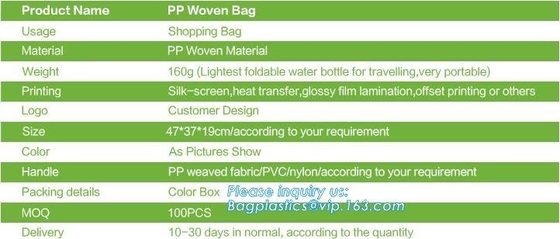 pp woven bag, silk screen, heat transfer, glossy film lamination, offset printing, pp weaved fabric, pvc, nulon, oem, pa