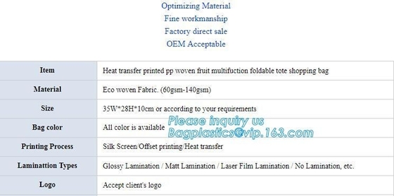 heat transfer printed pp woven fruit multifuction foldable tote shopping bags, eco woven fabric 60gsm-140gsm, optimizing