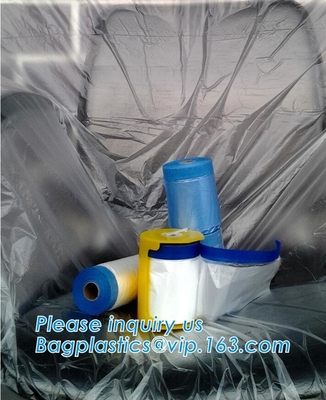 plastic drop cloth, PE drop cloth, plastic masking film, Taped clear HDPE plastic masking film drop film, House Painting