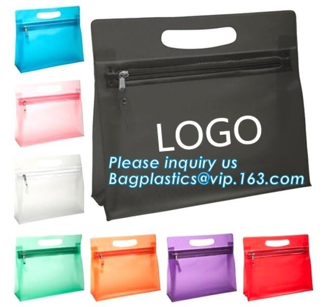 travel use frosted pvc cosmetic zipper bag with logo, zip slider pipping cosmetic hand sample promotion bags, Clear PVC