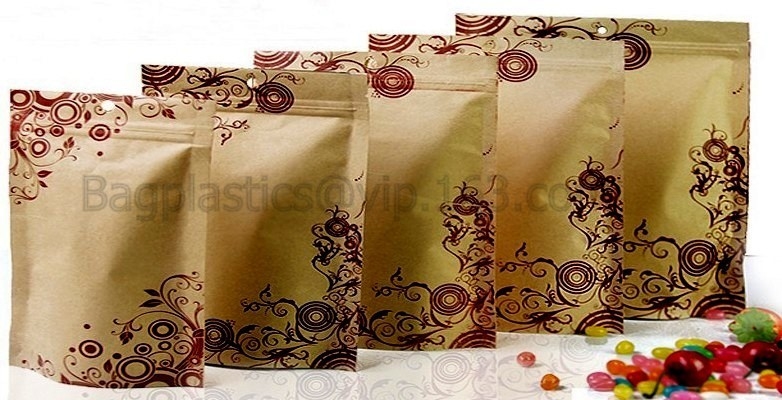 100% Food Grade Customized Recyclable Eco Zipper Eight Side Sealed Biodegradable Paper Bag For Food Packing, Brown kraft